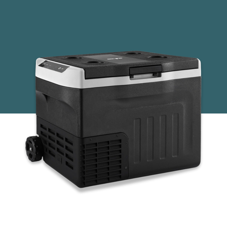 New Aim 30L 12V/24V/240V Portable Fridge Freezer on a white and teal background