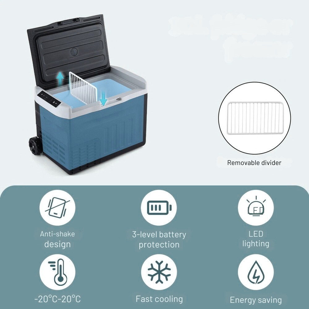 New Aim 30L 12V/24V/240V Portable Fridge Freezer with features highlighted on a light gray background