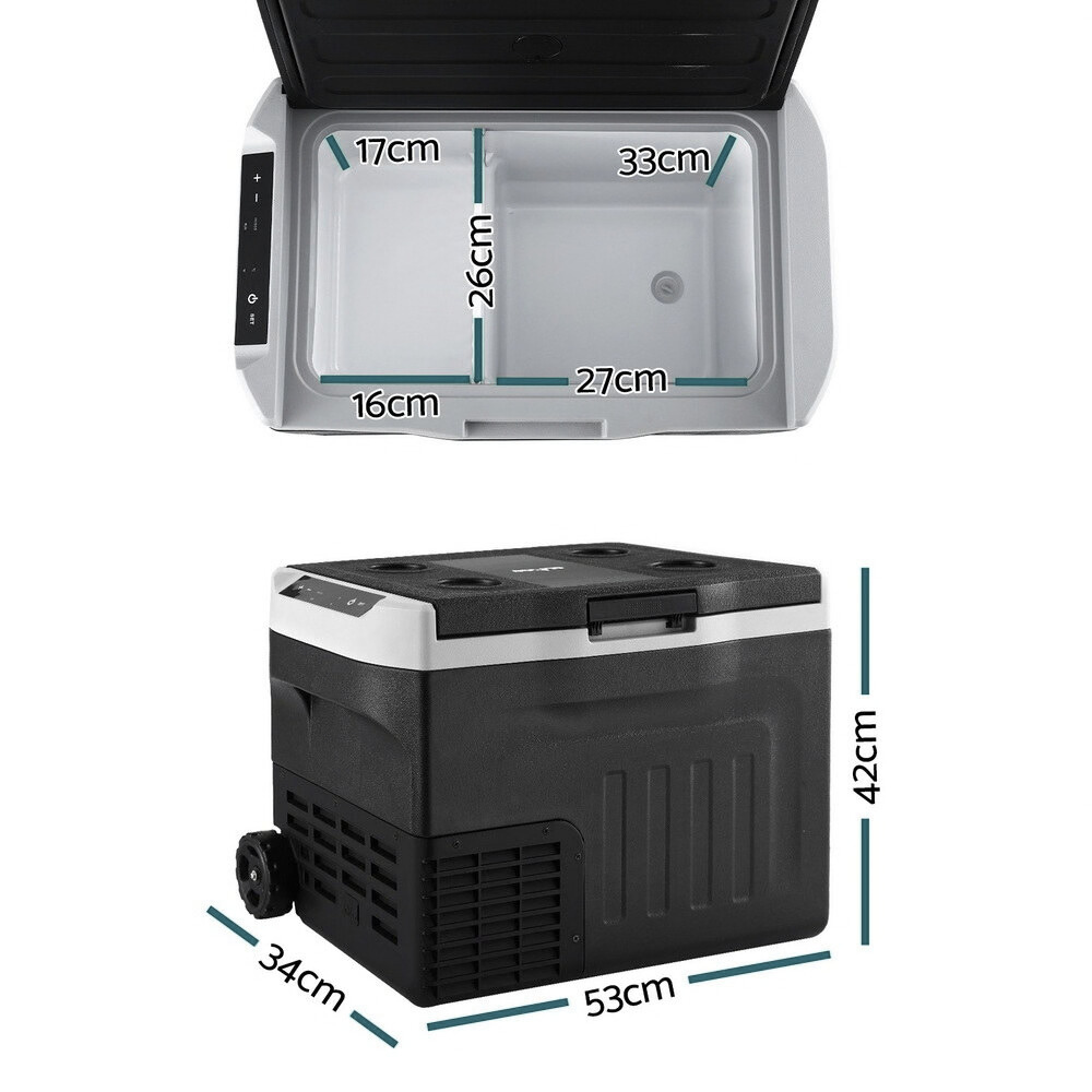 Black and white cooler box with dimensions indicated on a white background