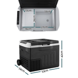 Black and white cooler box with dimensions indicated on a white background