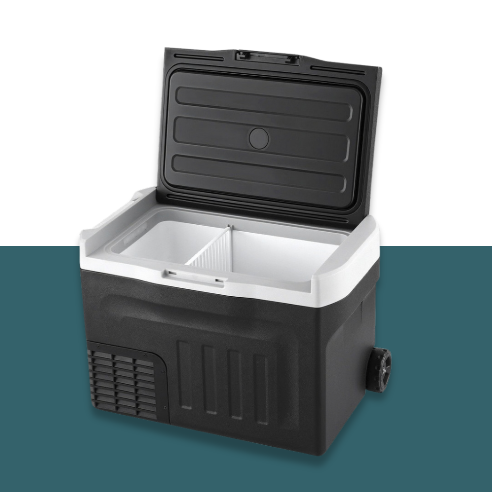 Black and white cooler box with open lid on a teal background