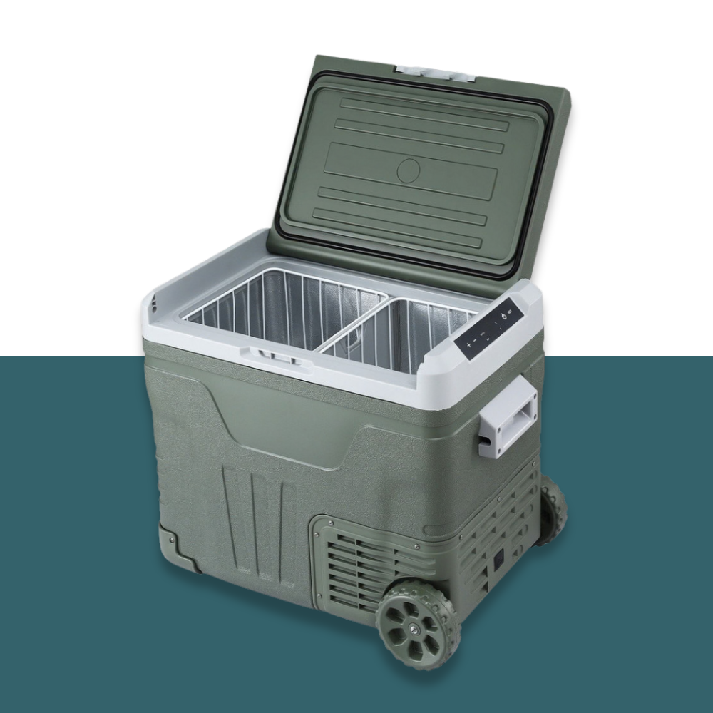 Portable cooler with wheels on a gradient background
