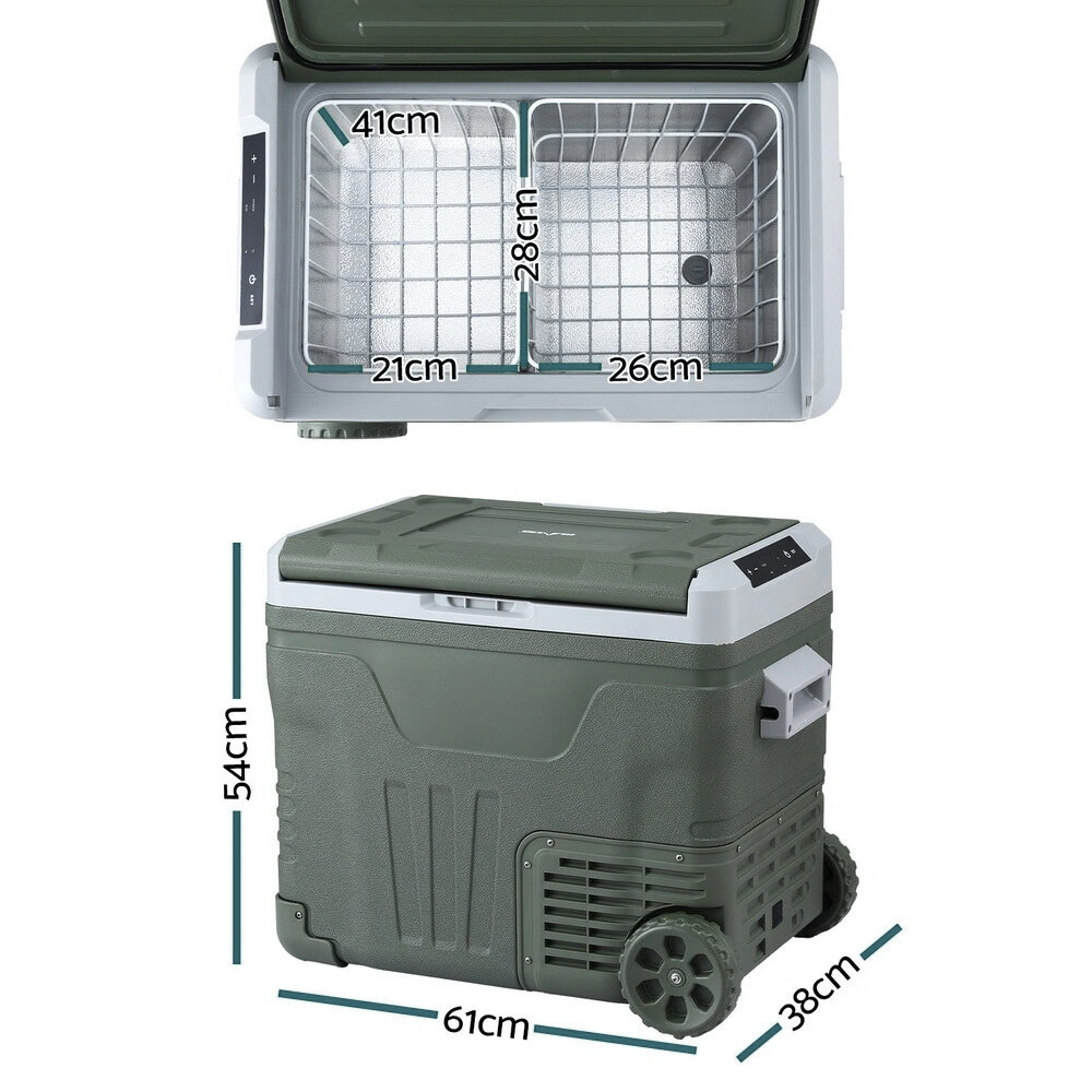 New Aim 50L 12V/24V/240V Portable Fridge Freezer with dimensions marked on a white background