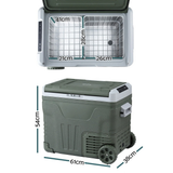 New Aim 50L 12V/24V/240V Portable Fridge Freezer with dimensions marked on a white background