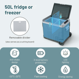 Blue 50L fridge or freezer with features highlighted on a light gray background