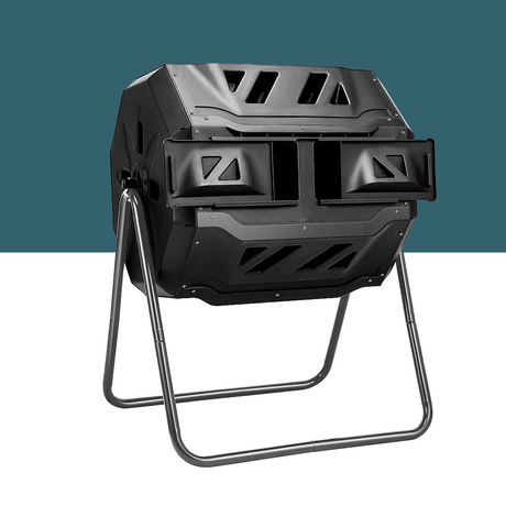 A twin-chamber compost tumbler with a sturdy frame, designed for efficient composting, displayed against a teal background.