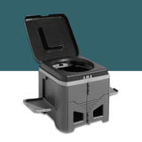 Portable composting toilet with open lid on a white background
