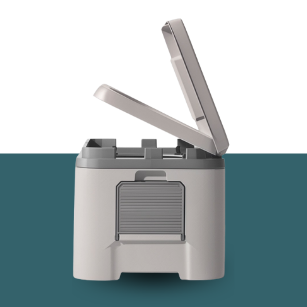 Gray outdoor cooler with open lid on a teal background