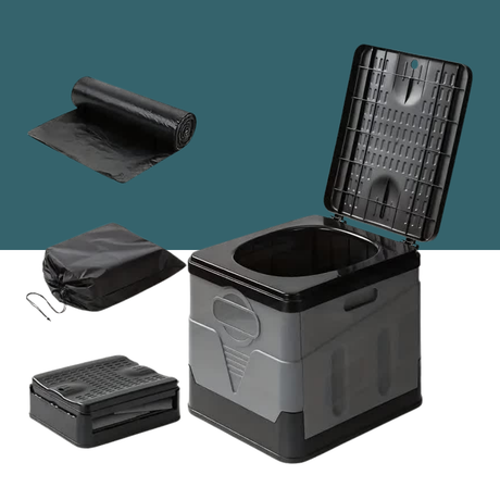 A comprehensive view showing all components together: the assembled toilet with the lid open, the folded unit, the carry bag, and the roll of trash bags.