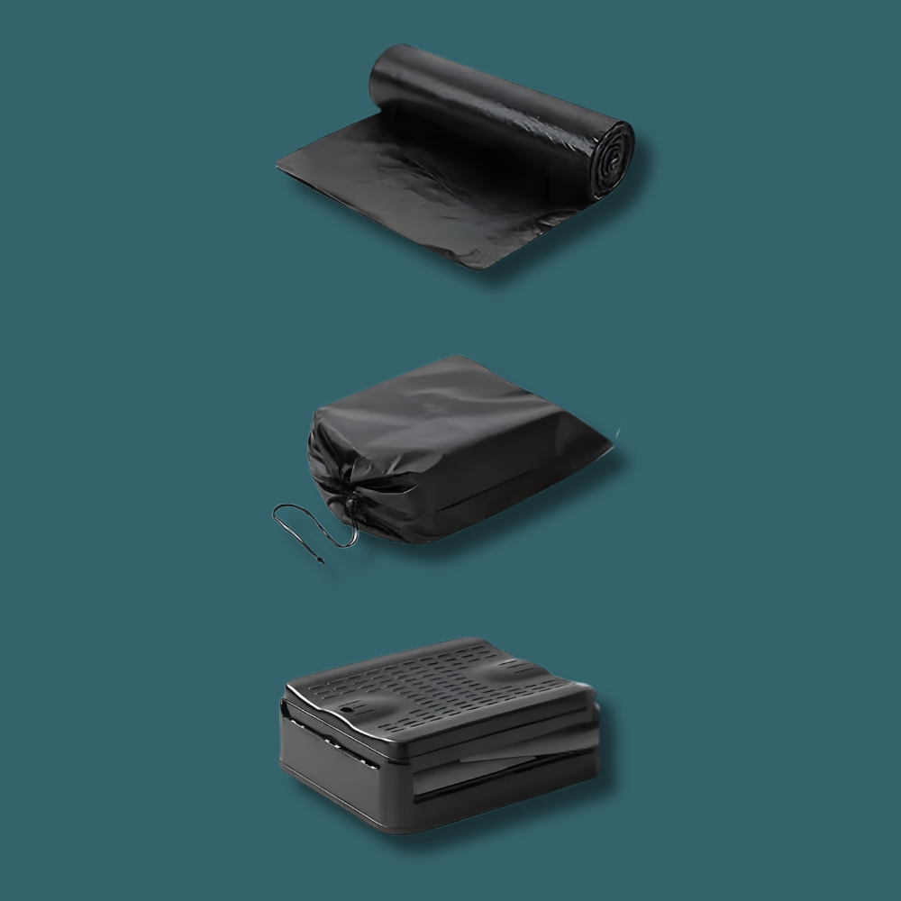 This image isolates the accessories included with the toilet: a roll of black waste bags, a black drawstring carrying bag, and the toilet unit folded down into a compact rectangle.