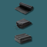 This image isolates the accessories included with the toilet: a roll of black waste bags, a black drawstring carrying bag, and the toilet unit folded down into a compact rectangle.