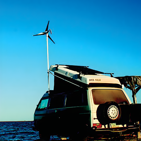 wind power turbine attached on the van along the beach