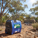 Portable power station in a natural outdoor setting with trees and a tent.