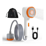 White handheld shower with orange accents, coiled hose, and USB cable on a white background
