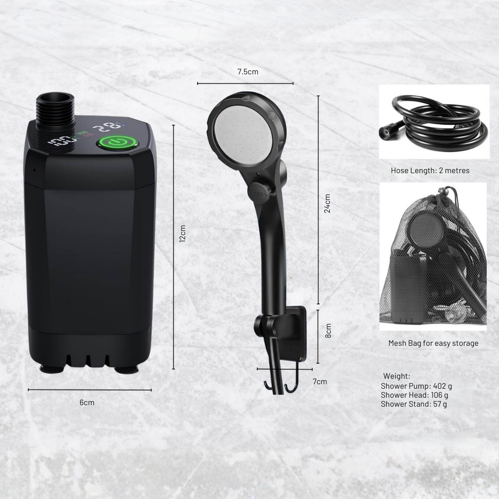 Black shower pump set with shower head, hose, and mesh bag on a textured gray background.