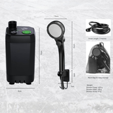 Black shower pump set with shower head, hose, and mesh bag on a textured gray background.