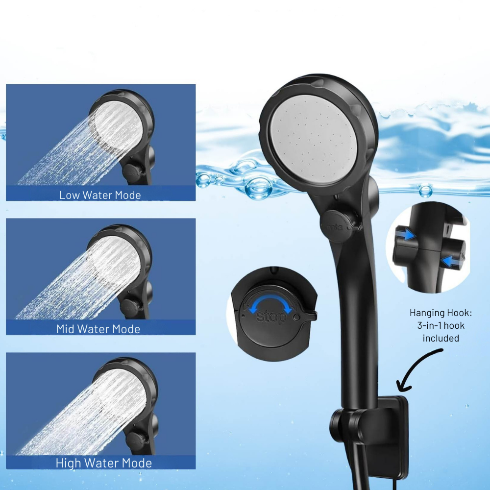 Multifunctional shower head with water mode indicators and hanging hook on a blue water droplet background.