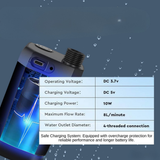 Technical specifications of a device with water droplets on a blue background
