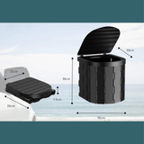 The toilet is placed inside a compact, warm-lit bathroom (likely an RV or camper), situated next to a sink and vanity to demonstrate indoor fit.