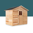 Wooden shed with a gabled roof on a white background