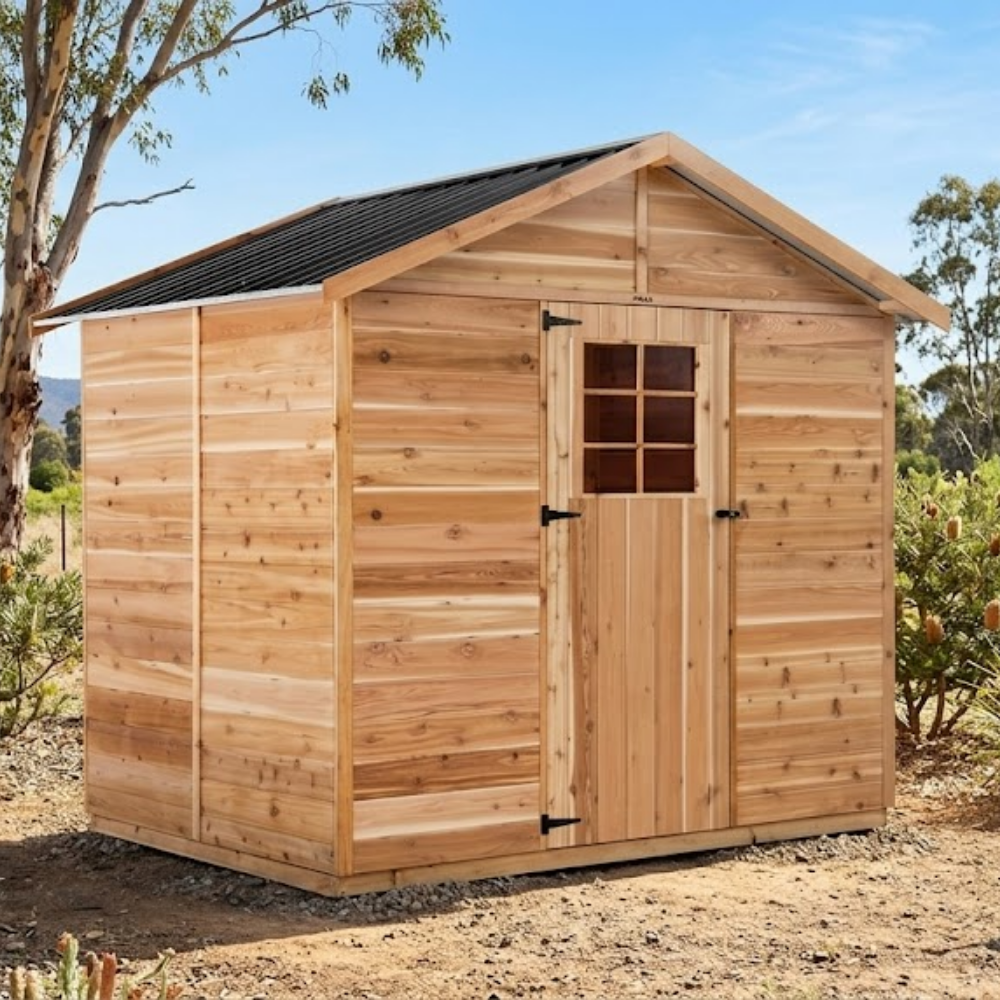 Wooden shed with a black roof in an outdoor setting