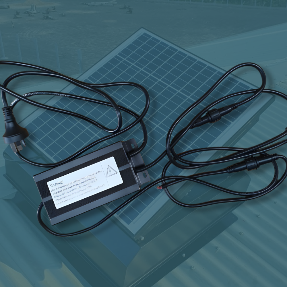 Power adapter with cables on a reflective surface