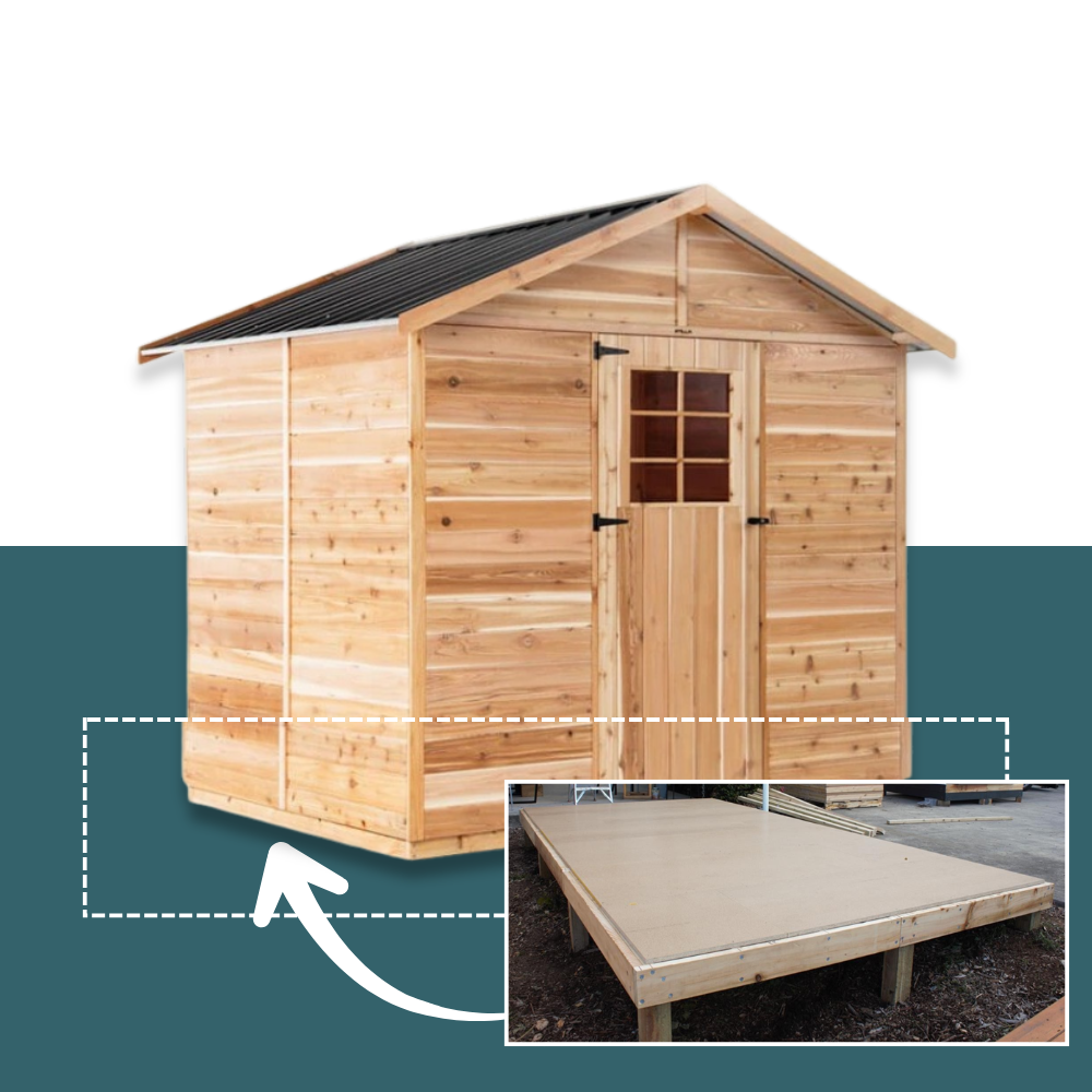 A wooden garden shed with a natural light wood exterior, a dark metal roof, and a double door with a small window, shown on a split white and teal background with a dashed outline and arrow indicating assembly or placement.