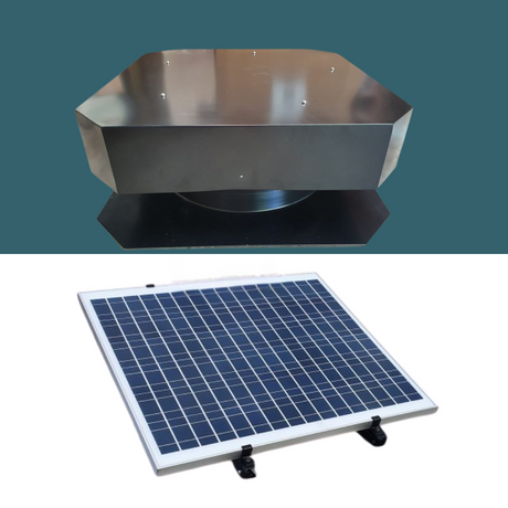 Solar ventilator unit with detached solar panel displayed on a teal background.