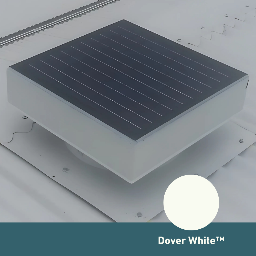 Square, solar-powered roof ventilator unit in Dover White installed on a corrugated metal roof.