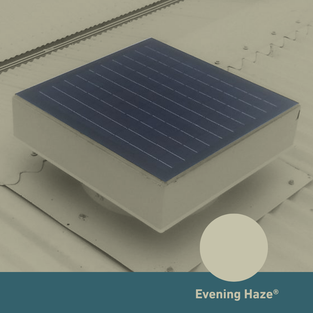 Square, solar-powered roof ventilator unit in Evening Haze®C5C2AA
 installed on a corrugated metal roof.