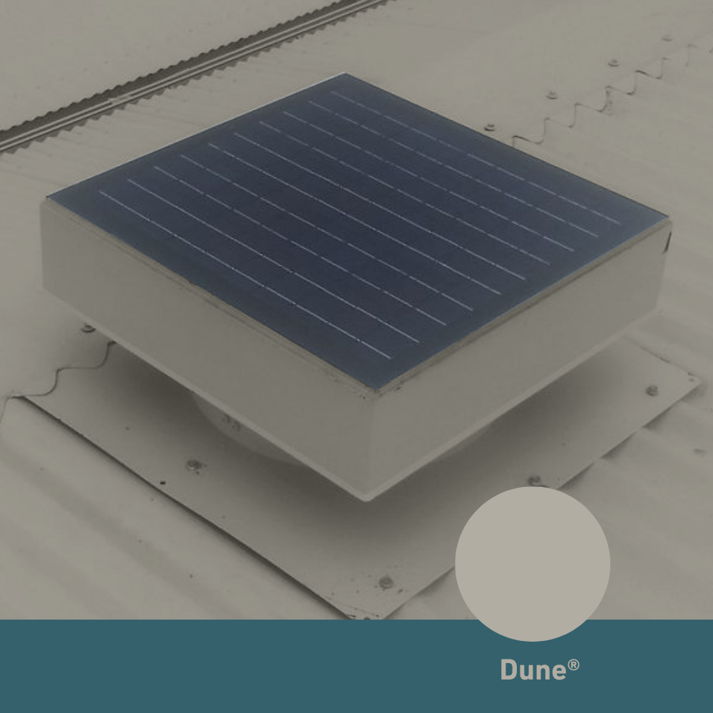 Square, solar-powered roof ventilator unit in Dune installed on a corrugated metal roof.