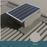 Square, solar-powered roof ventilator unit in Dune installed on a corrugated metal roof.