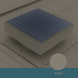 Square, solar-powered roof ventilator unit in Gully installed on a corrugated metal roof.