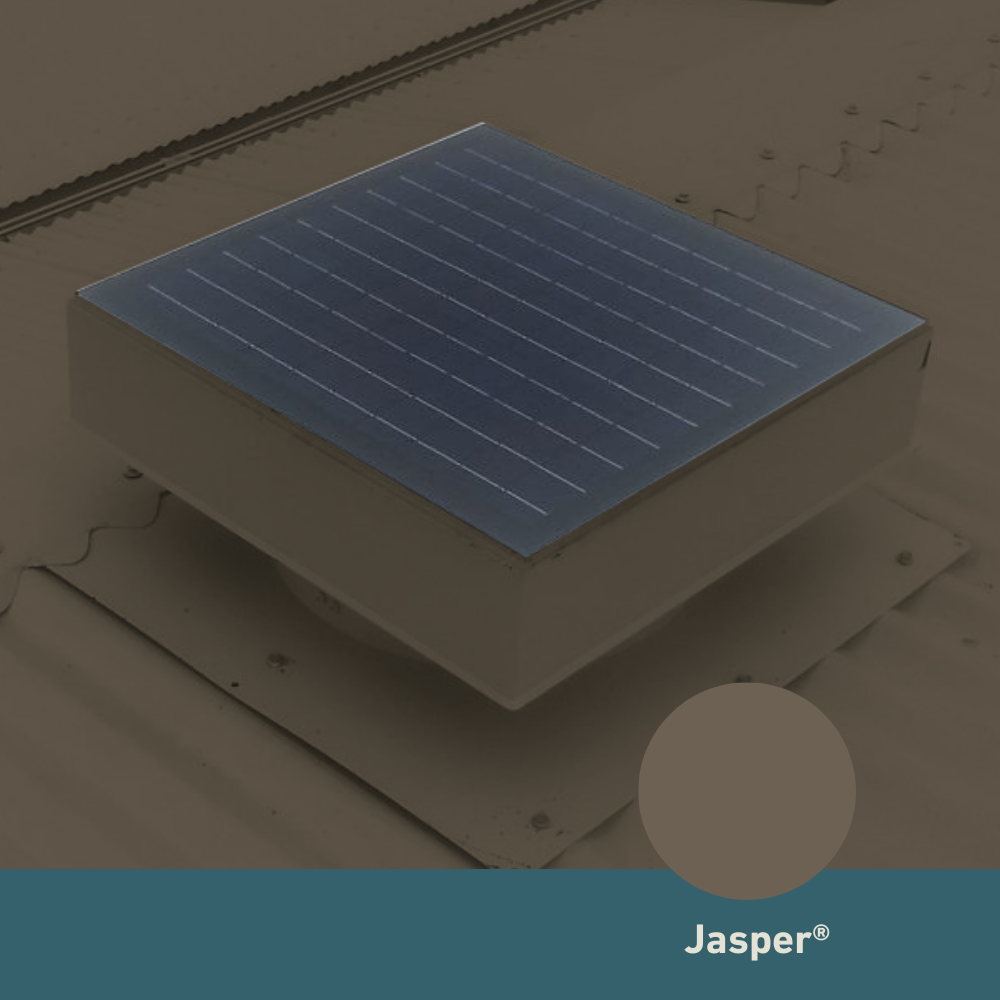 Square, solar-powered roof ventilator unit in Jasper installed on a corrugated metal roof.
