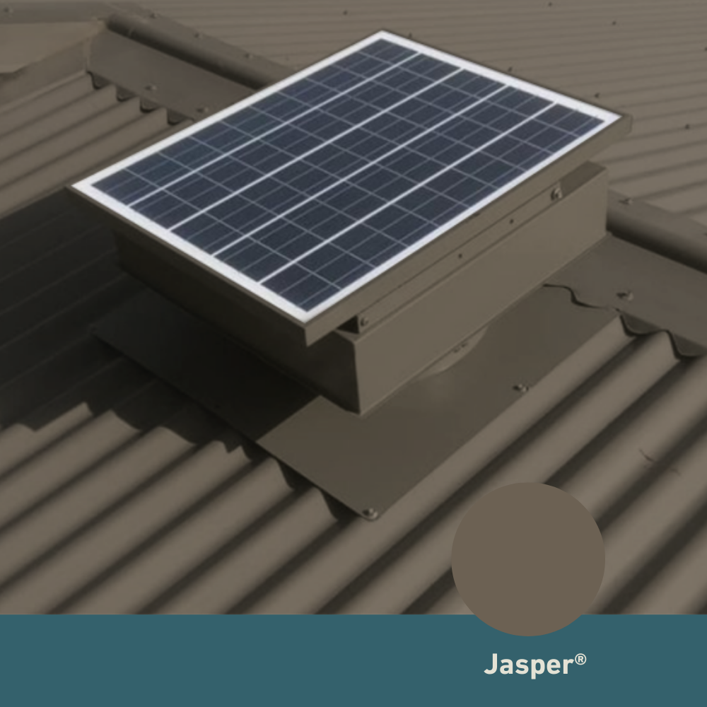 Square, solar-powered roof ventilator unit in Jasper installed on a corrugated metal roof.