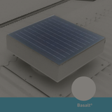 Square, solar-powered roof ventilator unit in Basalt installed on a corrugated metal roof.
