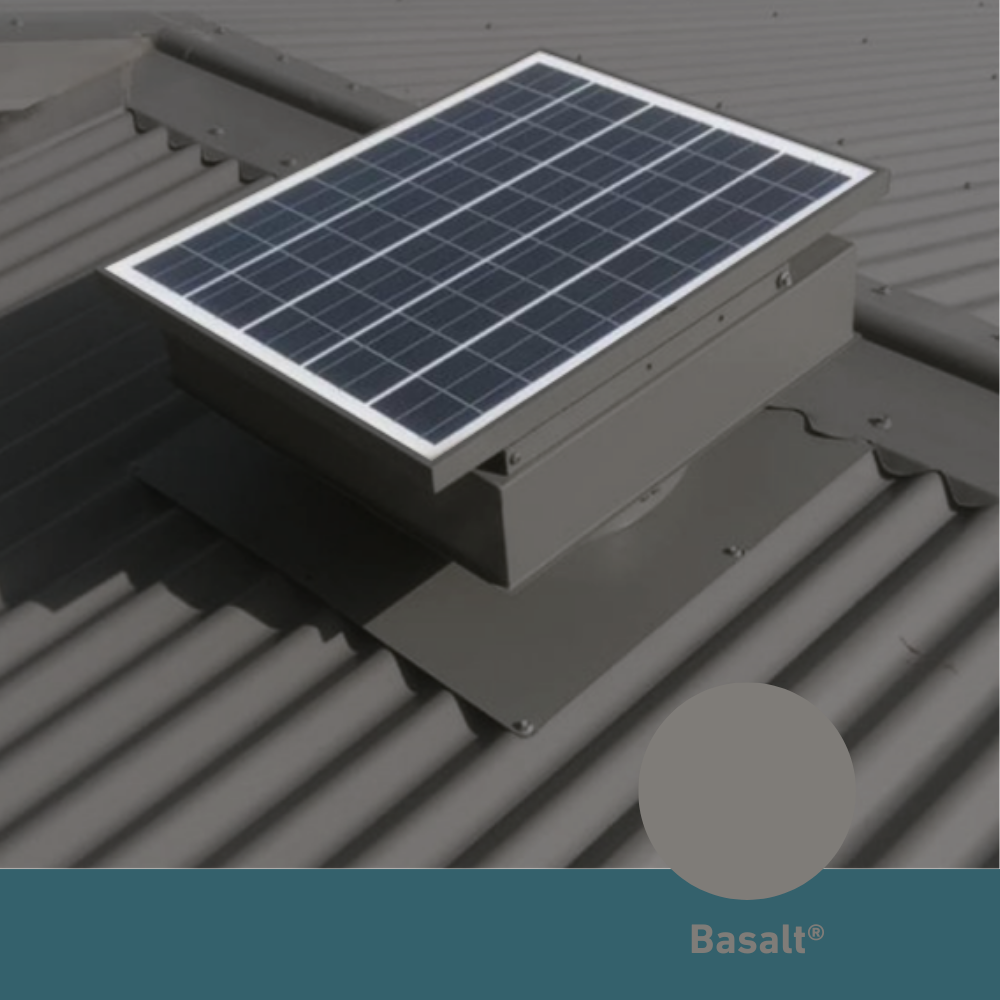 Square, solar-powered roof ventilator unit in Basalt installed on a corrugated metal roof.