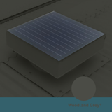 Square, solar-powered roof ventilator unit in Woodland Grey installed on a corrugated metal roof.