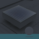 Square, solar-powered roof ventilator unit in Ironstone installed on a corrugated metal roof.