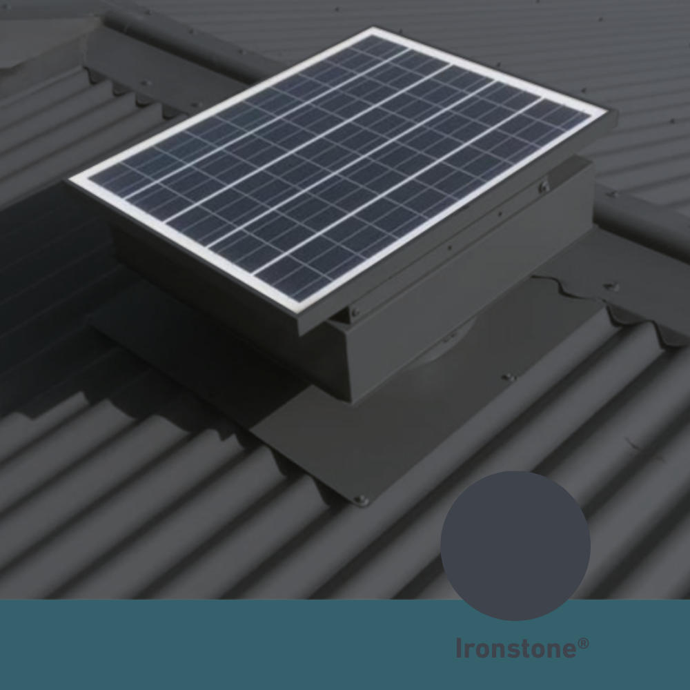 Square, solar-powered roof ventilator unit in Ironstone installed on a corrugated metal roof.