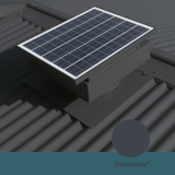 Square, solar-powered roof ventilator unit in Ironstone installed on a corrugated metal roof.