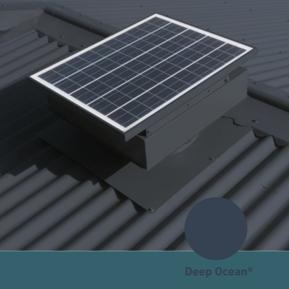 Square, solar-powered roof ventilator unit in Deep Ocean installed on a corrugated metal roof.