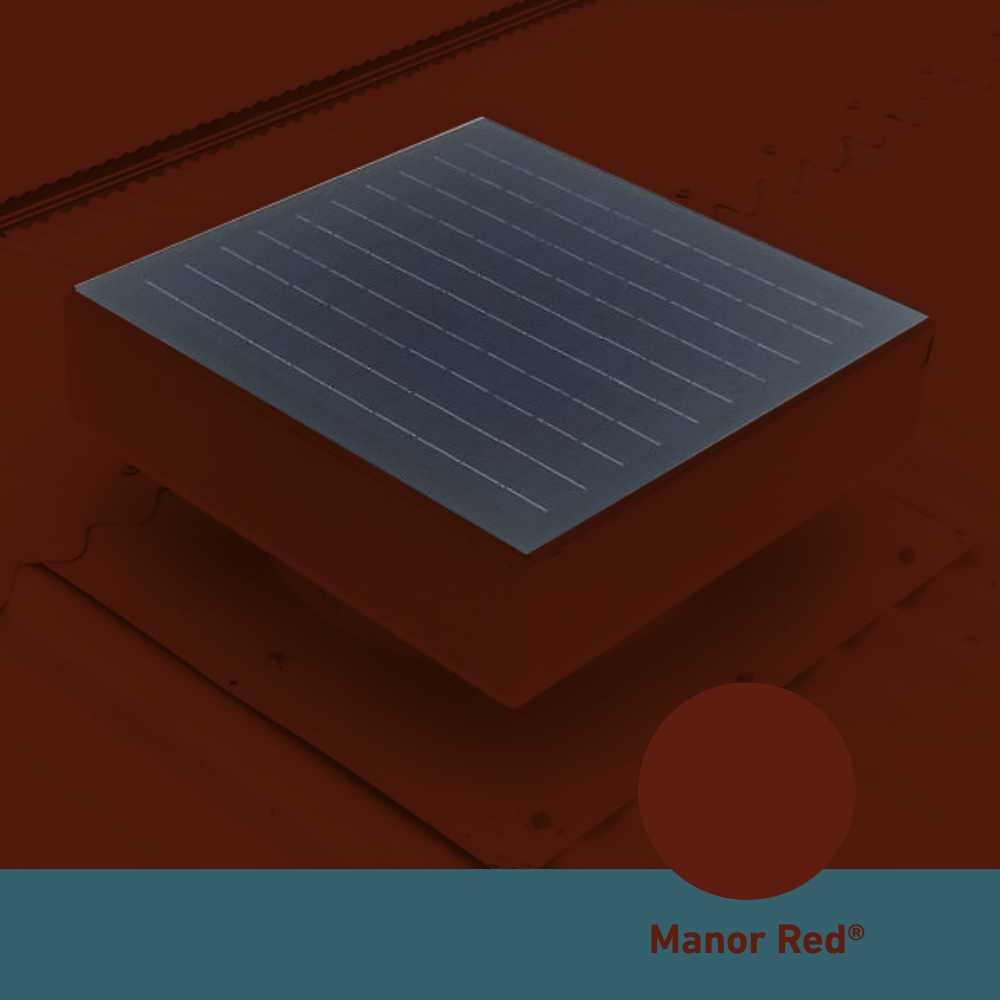 Square, solar-powered roof ventilator unit in Manor Red installed on a corrugated metal roof.