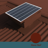 Square, solar-powered roof ventilator unit in Manor Red installed on a corrugated metal roof.
