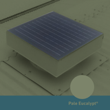 Square, solar-powered roof ventilator unit in Pale Eucalypt installed on a corrugated metal roof.