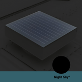 Square, solar-powered roof ventilator unit in Night Sky installed on a corrugated metal roof.