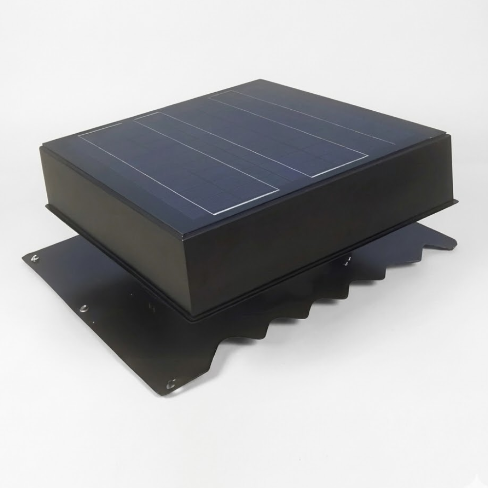A black solar roof vent with a flashing base on a white background