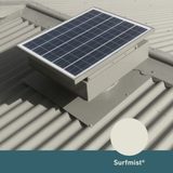 Solar panel on a roof with 'Surfmist' branding.