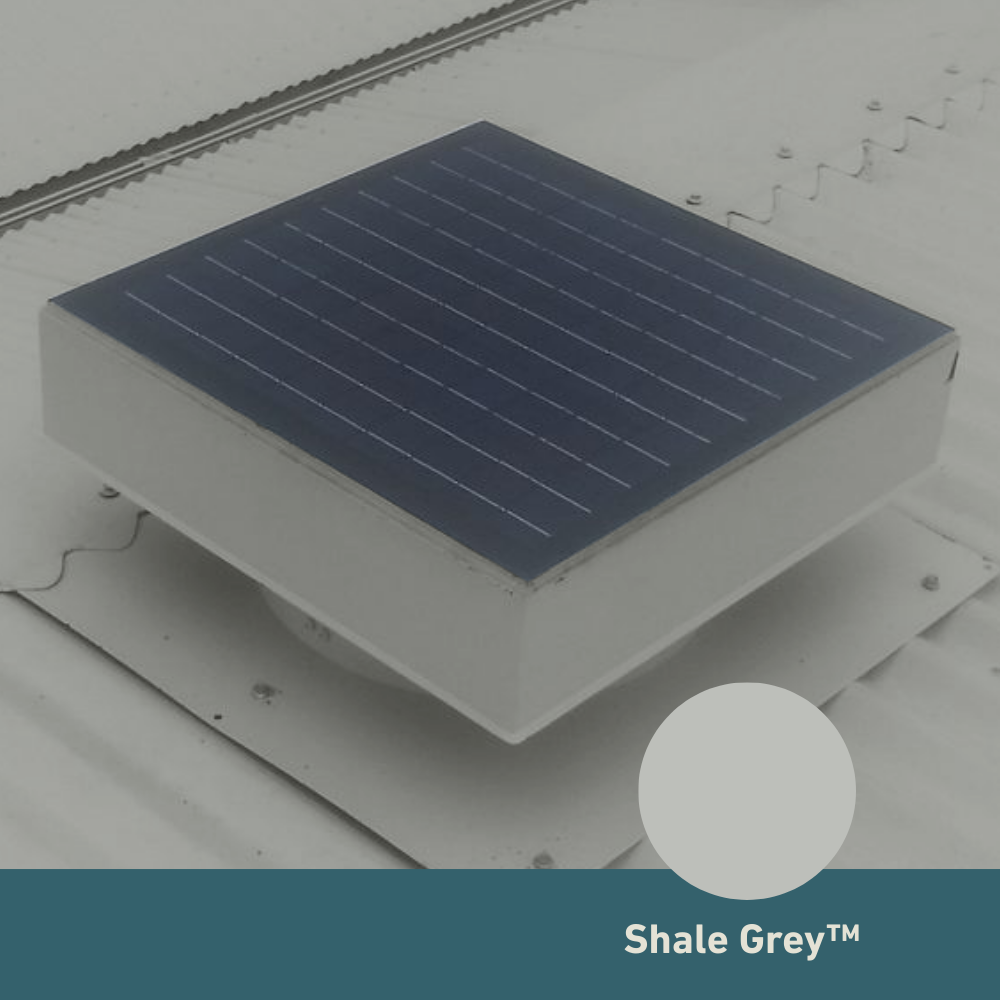Square, solar-powered roof ventilator unit in Shale Grey™ BDBFBA
 installed on a corrugated metal roof.