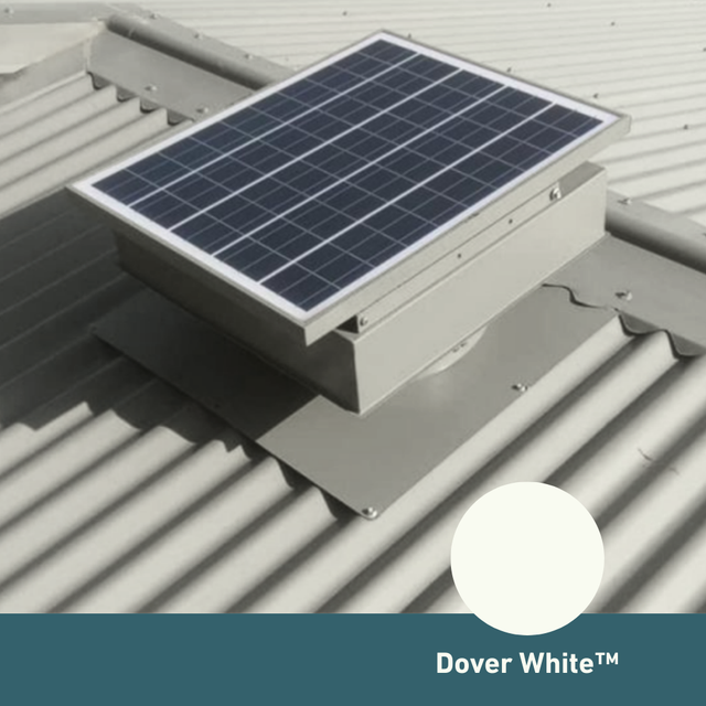 Square, solar-powered roof ventilator unit in Dover White installed on a corrugated metal roof.